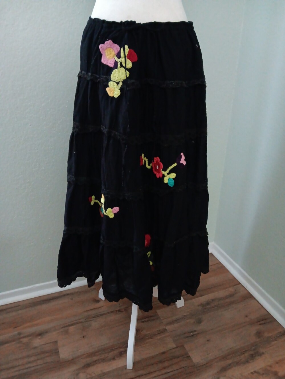 Black Maxi Skirt with Multicolor Floral Embroidery Boho Whimsigoth